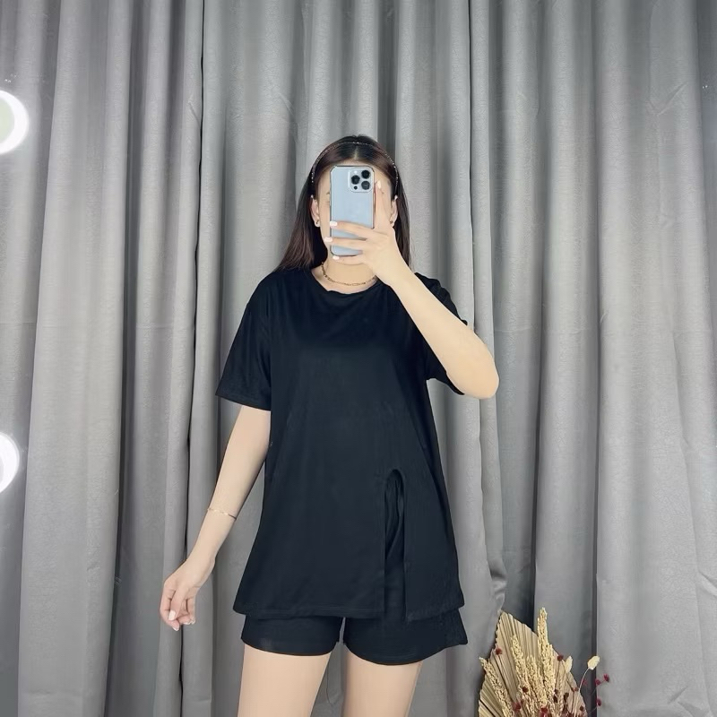 Kaos Wanita Jumbo | One Set Loose Slit | One Set Kaos Wanita