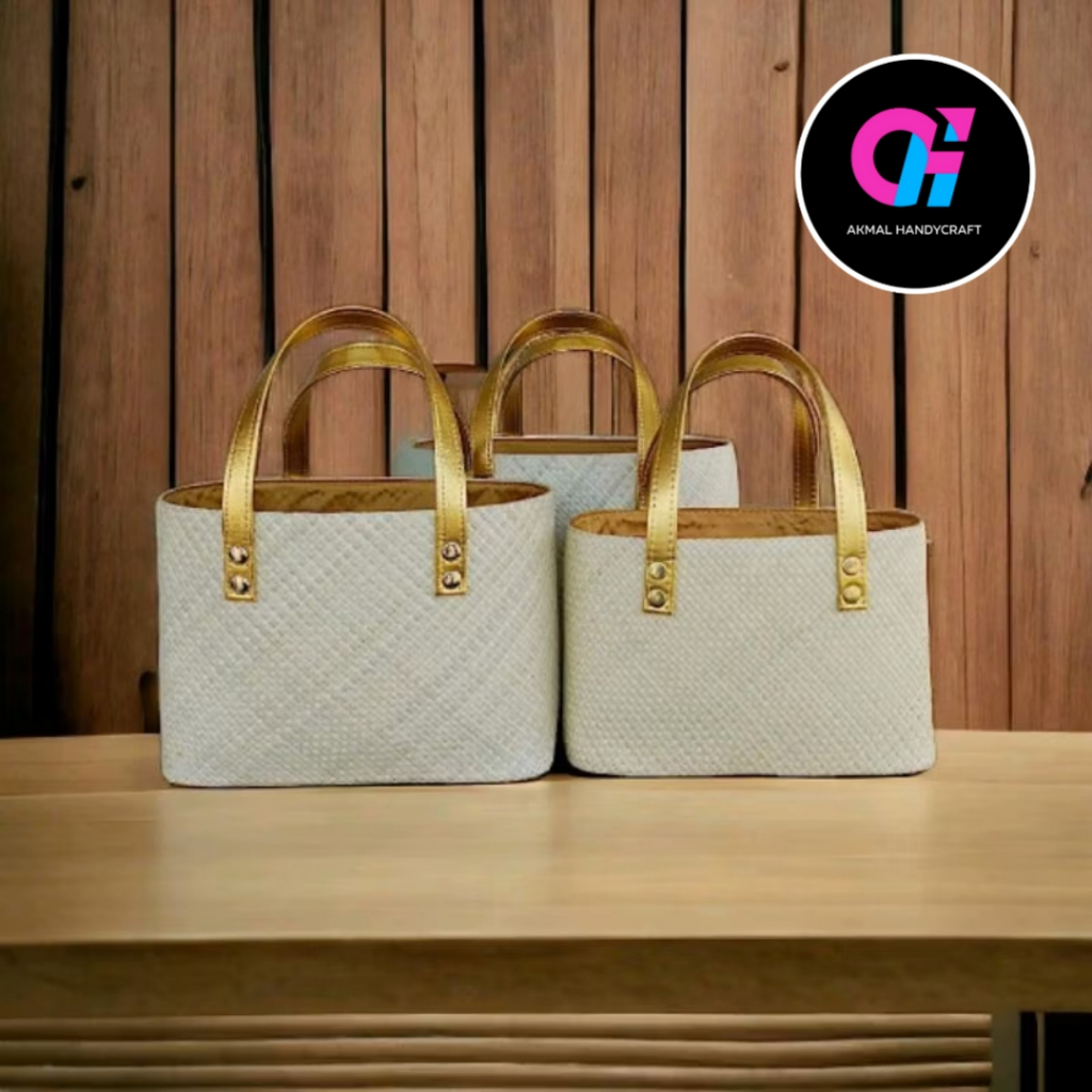 Akmal Handycraft Tas Belanja Jumbo Set 3 Produk Natural Anyaman Pandan & Kulit Sintesis Cocok Untuk 