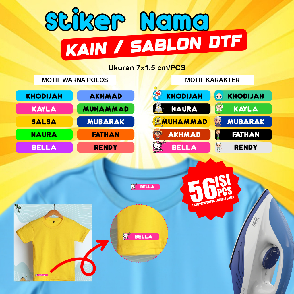 

Stiker Label Nama Baju Setrika Sablon KARAKTER Custom 56 pcs Sticker Kain Kaos Anak Sekolah