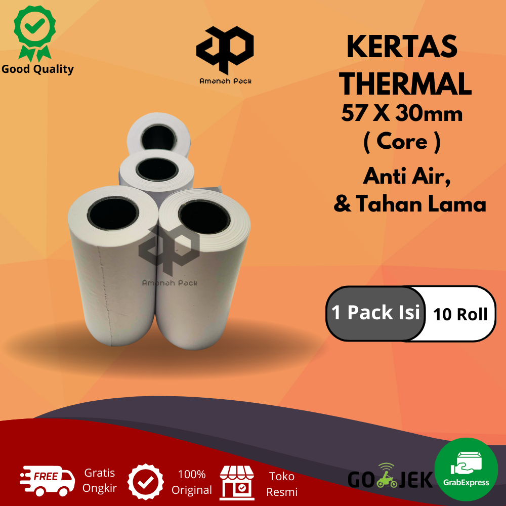 

KERTASK STRUK THERMAL PAPER ROLL 57mmx30mm Core TERMAL EDC THERMAL PRINTER MINI BLUETOOTH 57MM CORE Ketebala 103 micron, Diameter core 1,5 Cm, 16 micron