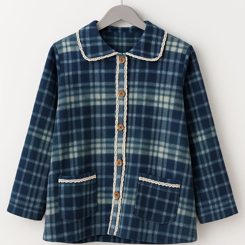 [PRELOVED] Blazer Flanel Wanita Motif Kotak Preloved - Navy Biru Tosca, Lengan Panjang, Hangat & Sty