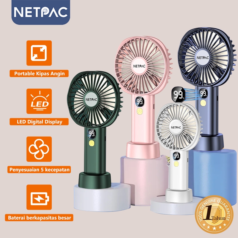 NETPAC Kipas Angin Mini Portable 6000mah Real Dual Battery Brushless Macaron  LED Mini Fan Original