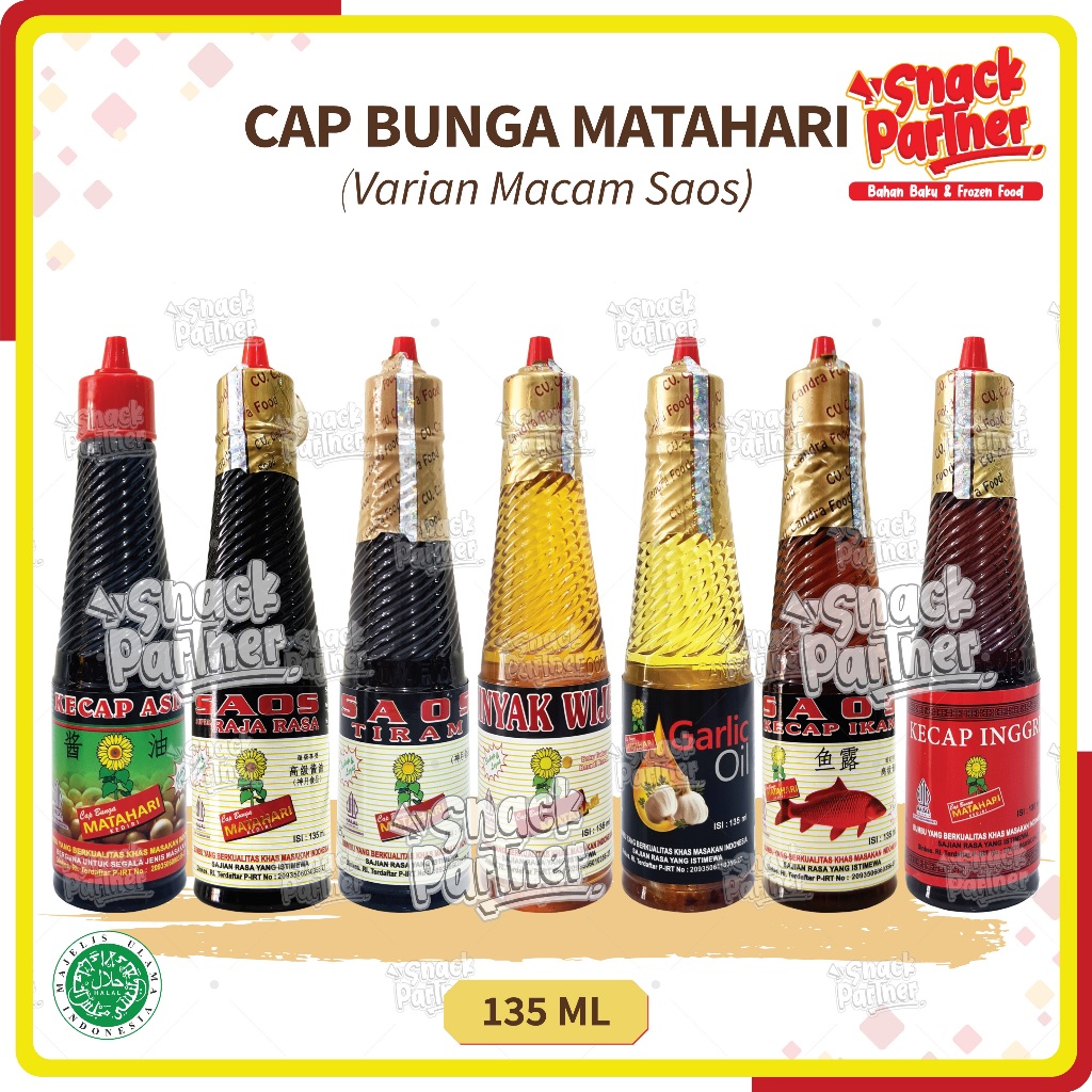 

CAP BUNGA MATAHARI 135 ML - Raja Rasa Minyak Wijen Kecap Ikan Saos Tiram Udang Inggris Tiram Udang Asin Cuka Garlic Oil Bawang Putih