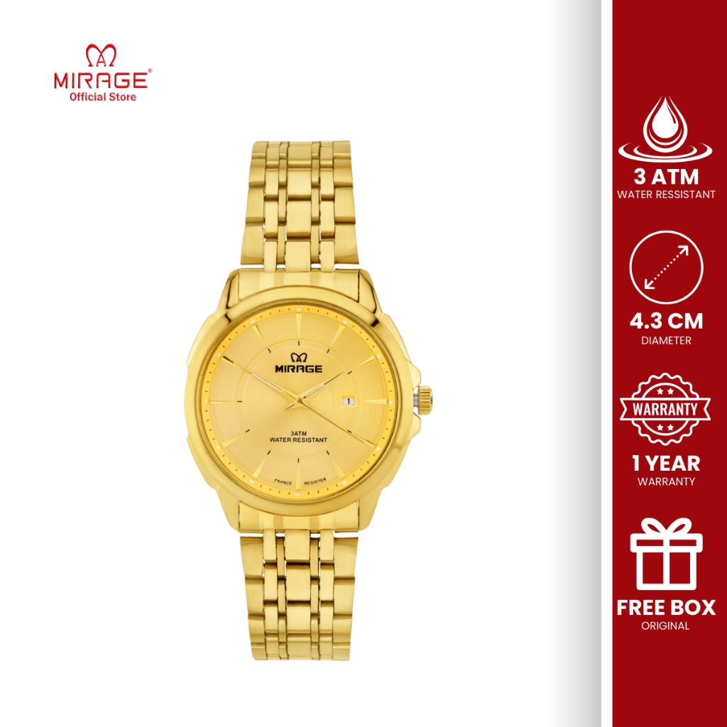 Mirage Jam Tangan Analog Pria Mewah Gold Emas Anti Karat 8833 M Original Stainless Tahan Air