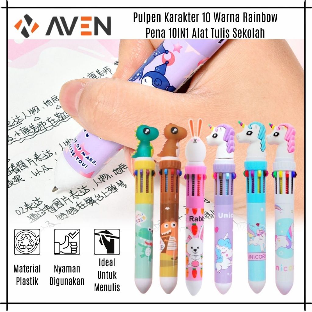

AVEN Pulpen Karakter 10 Warna Rainbow / Pena 10IN1 Alat Tulis Sekolah