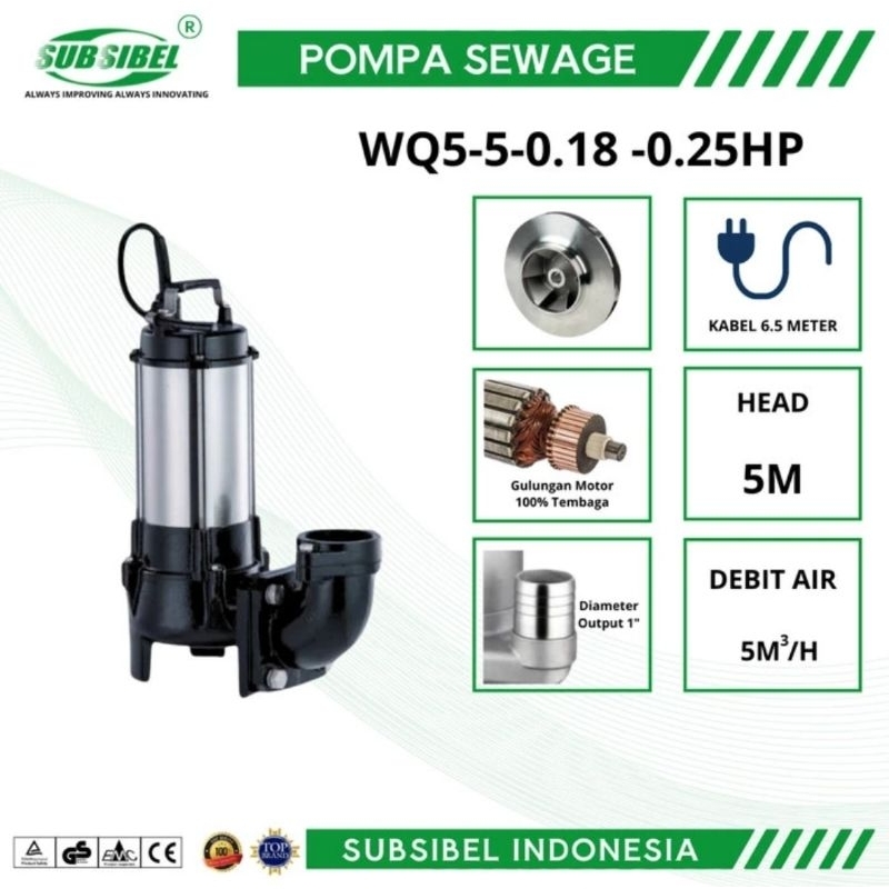 Pompa Sewage - WQ-5-5 0 18 - 0,25HP 1" - Pompa Celup - Subsibel