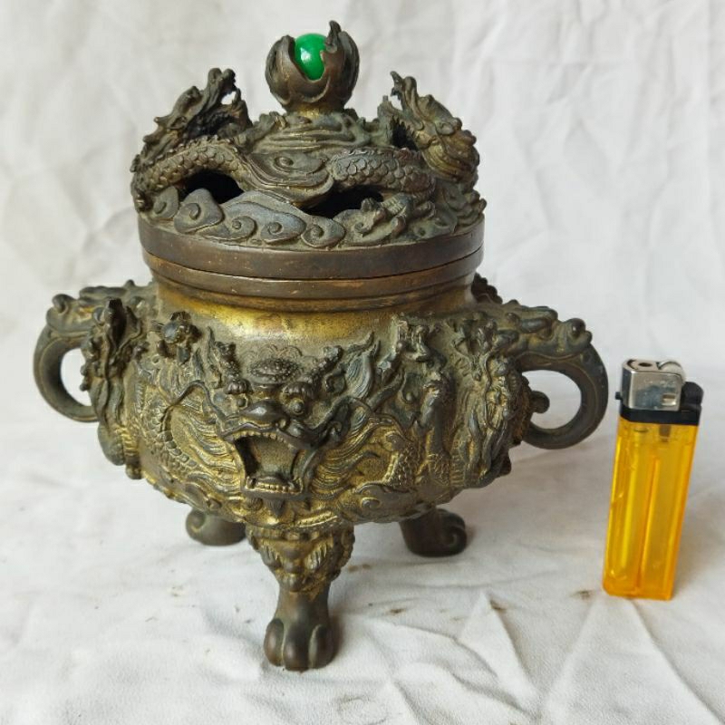 Pajangan Meja Vintage Tempat Dupa Kuningan Ukir Naga Halus