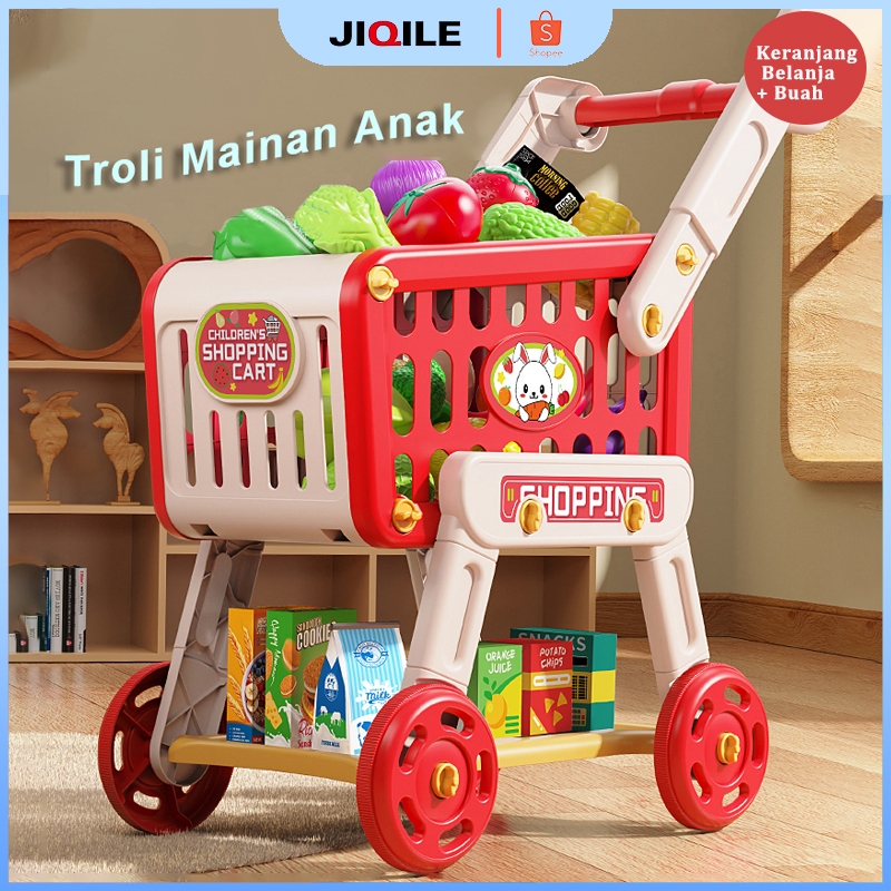 JIQILE Mainan Troli Anak Perempuan/Troli Mainan Anak/Keranjang Dorong Mainan Anak/Troli Masak Masaka