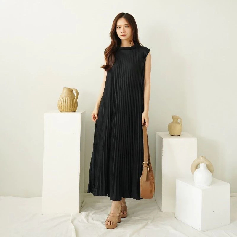 Inner Dress Gamis Plisket Jumbo Tanpa Lengan Maxi Mayung Bumil Kutung Polos Premium Abia VC