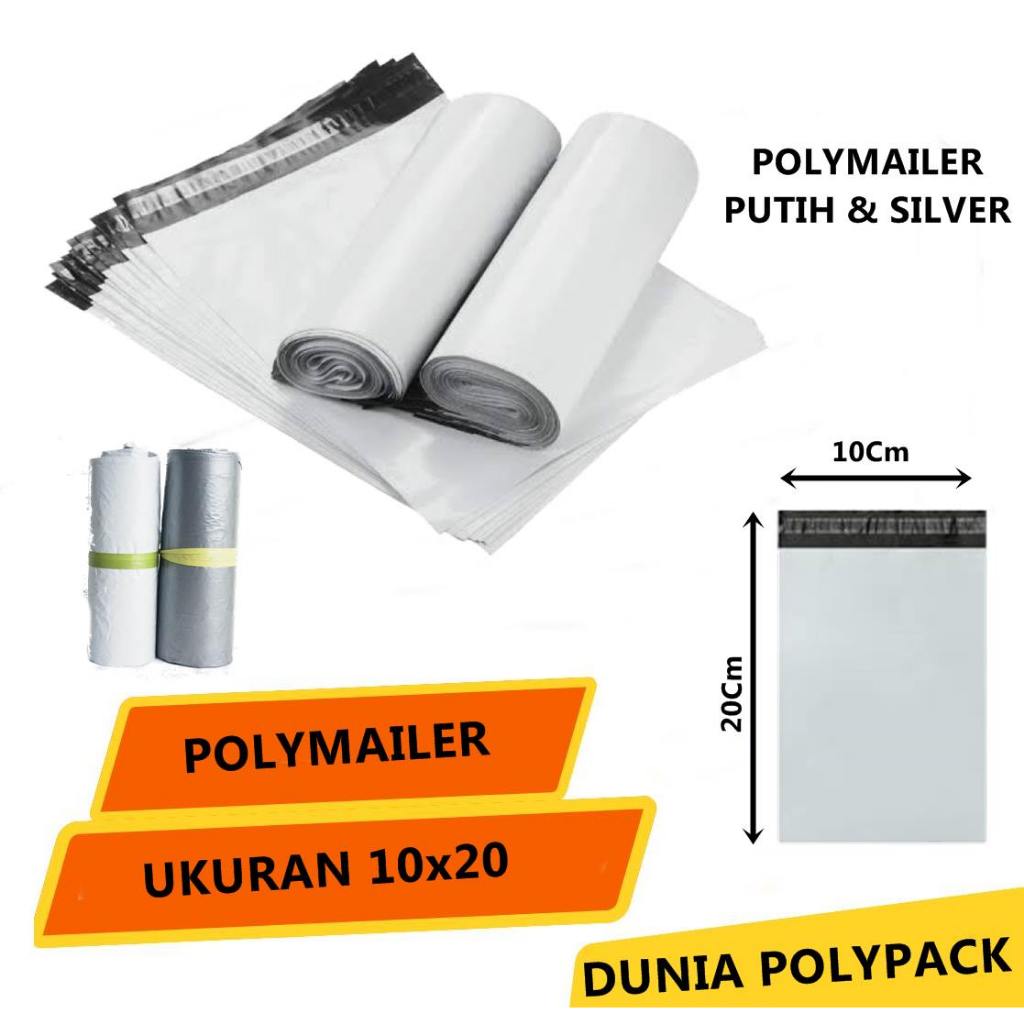Plastik Packing Polymailer Glosy Warna Putih/Silver 10x20 Isi 100Pcs