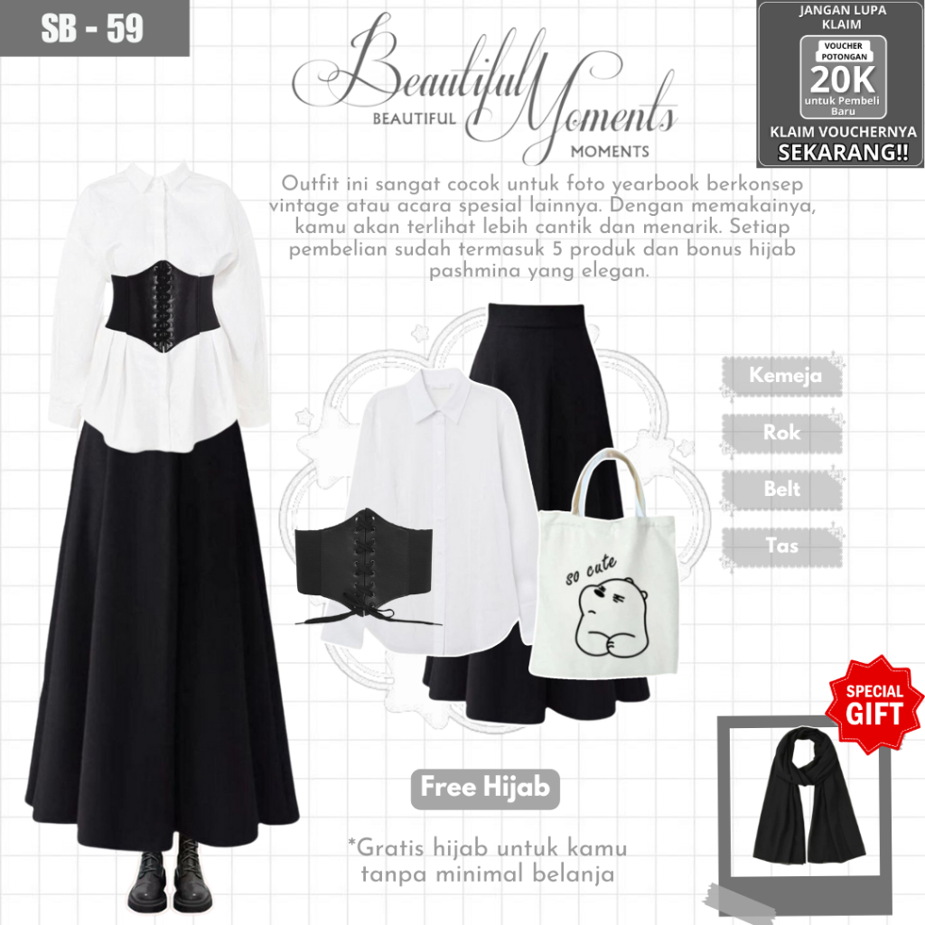 Outfit Yearbook Vintage Kekinian ( Kemeja Rok Belt Totebag Pashmina ) One Set Korean Style | SB - 59