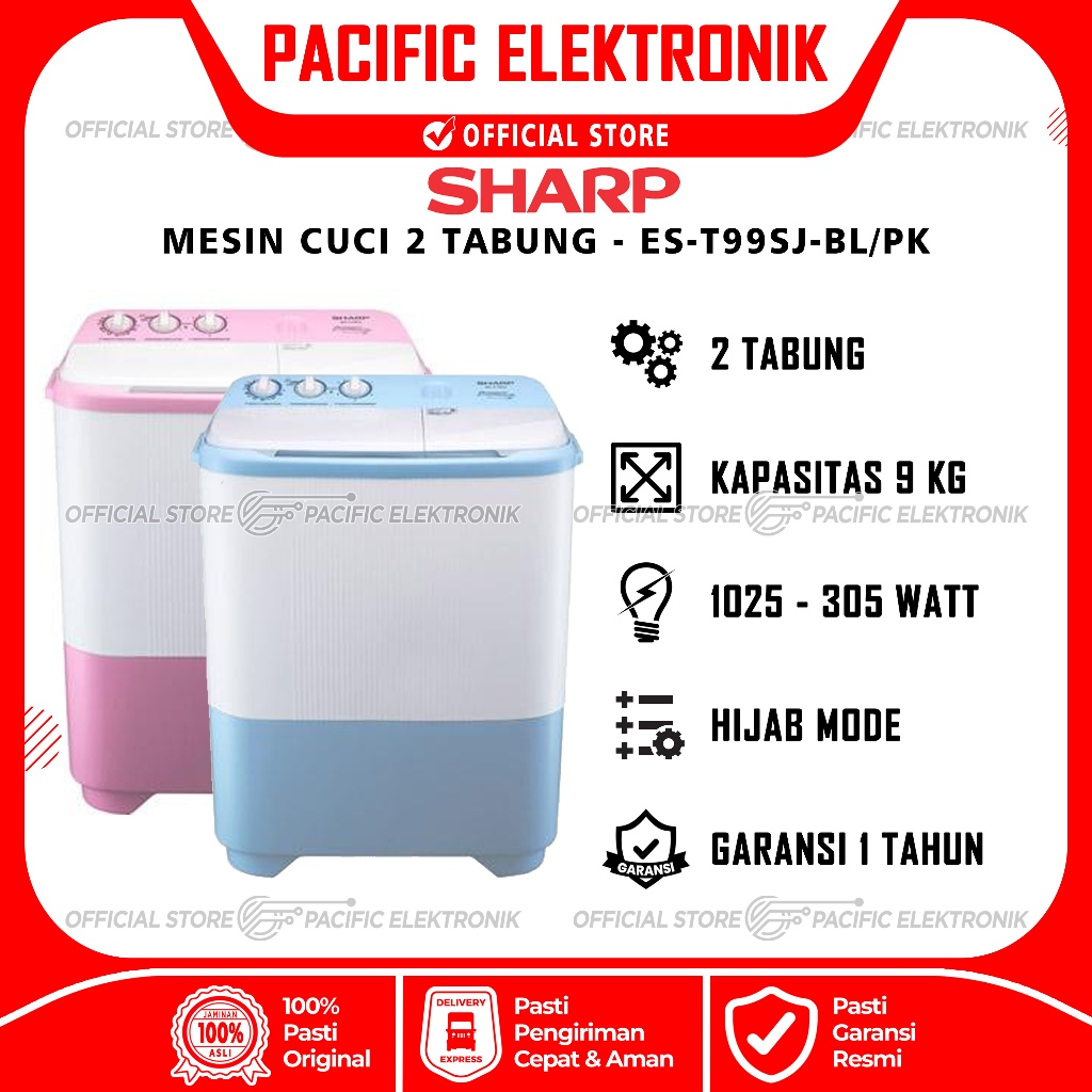 Mesin Cuci Sharp 2 Tabung Hijab Series 9kg ES-T99SJ / 99SJ