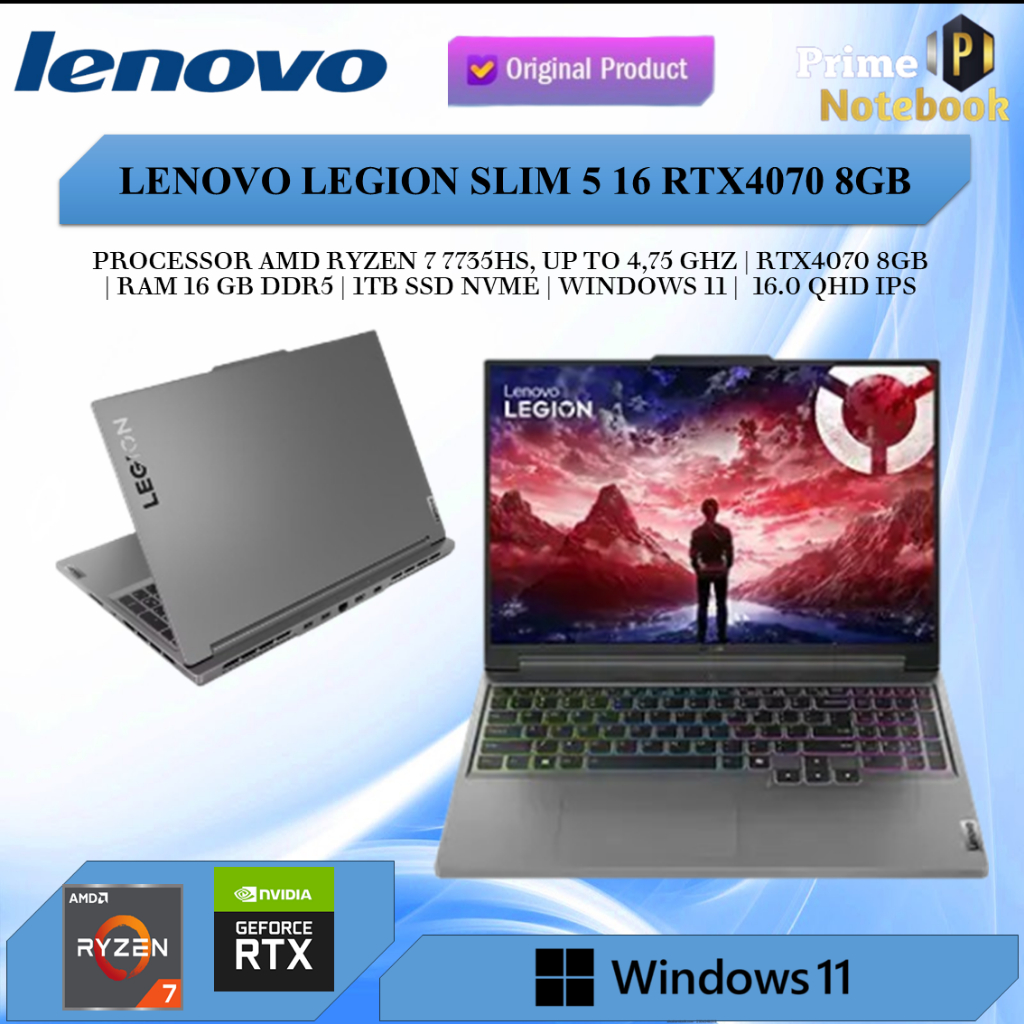 Laptop Lenovo Legion Slim 5 16 Ryzen 7 7735 RTX4070 8GB/ 16Gb 1Tb W11 16.0Qhd Ips
