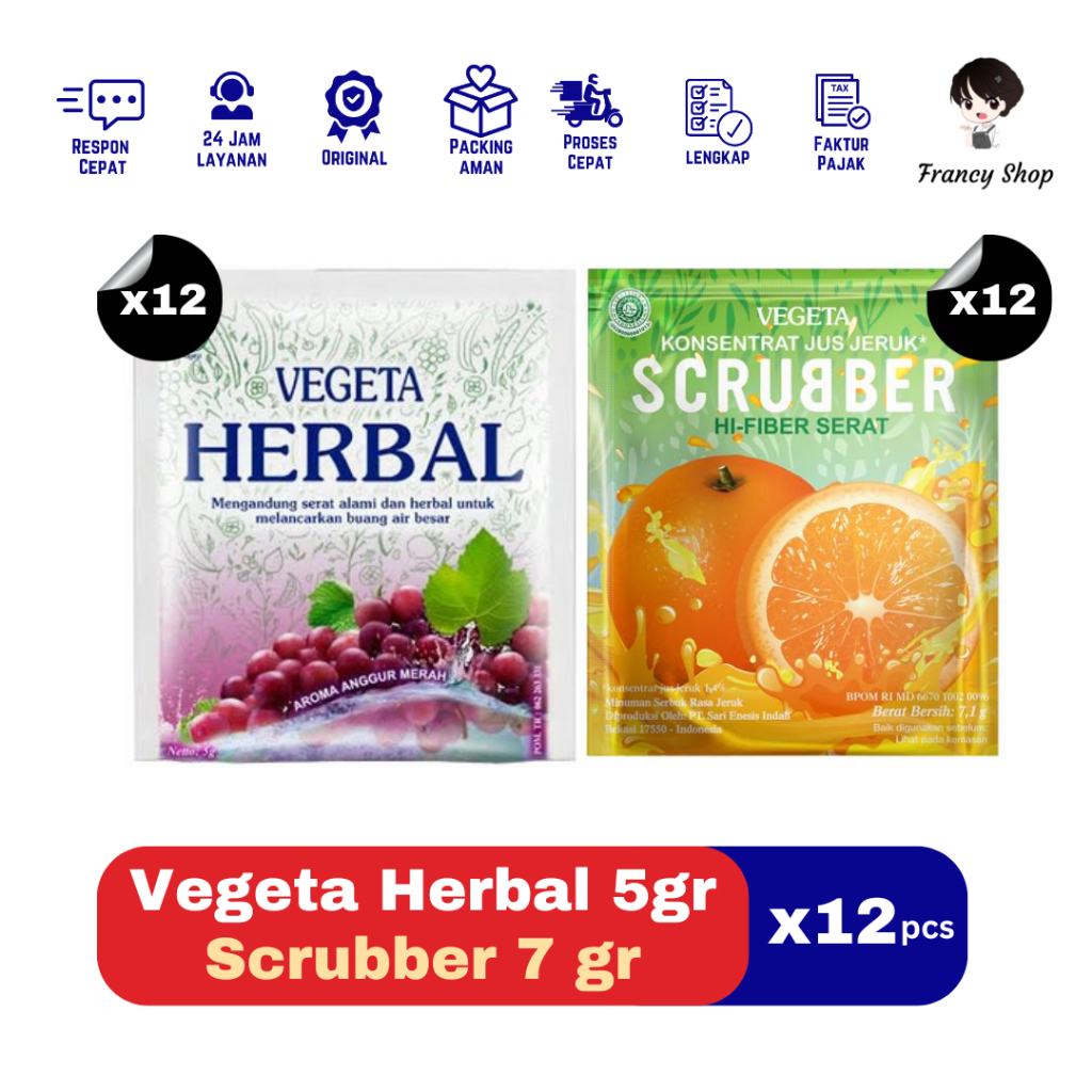 

Paket Murah Renceng Vegeta Anggur Herbal 5gr / Vegeta Scrubber Jeruk 7gr Minuman Serat Fiber x12 pcs