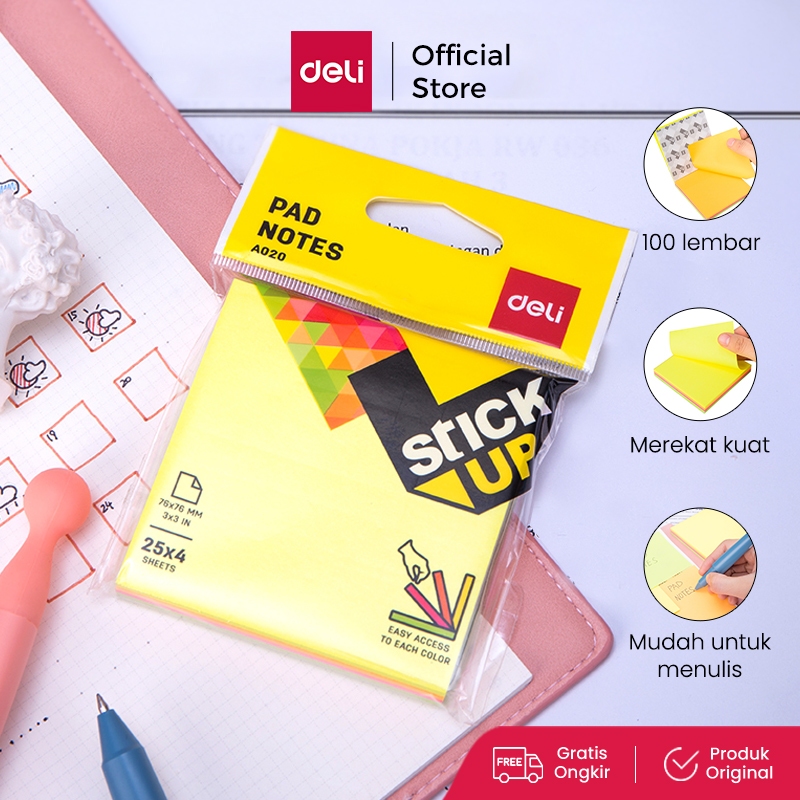 

Deli Memo tempel - Note Pad 76×76mm 3''x3" 4 warna 100 sheet perekat kuat dan tahan lama EA02002
