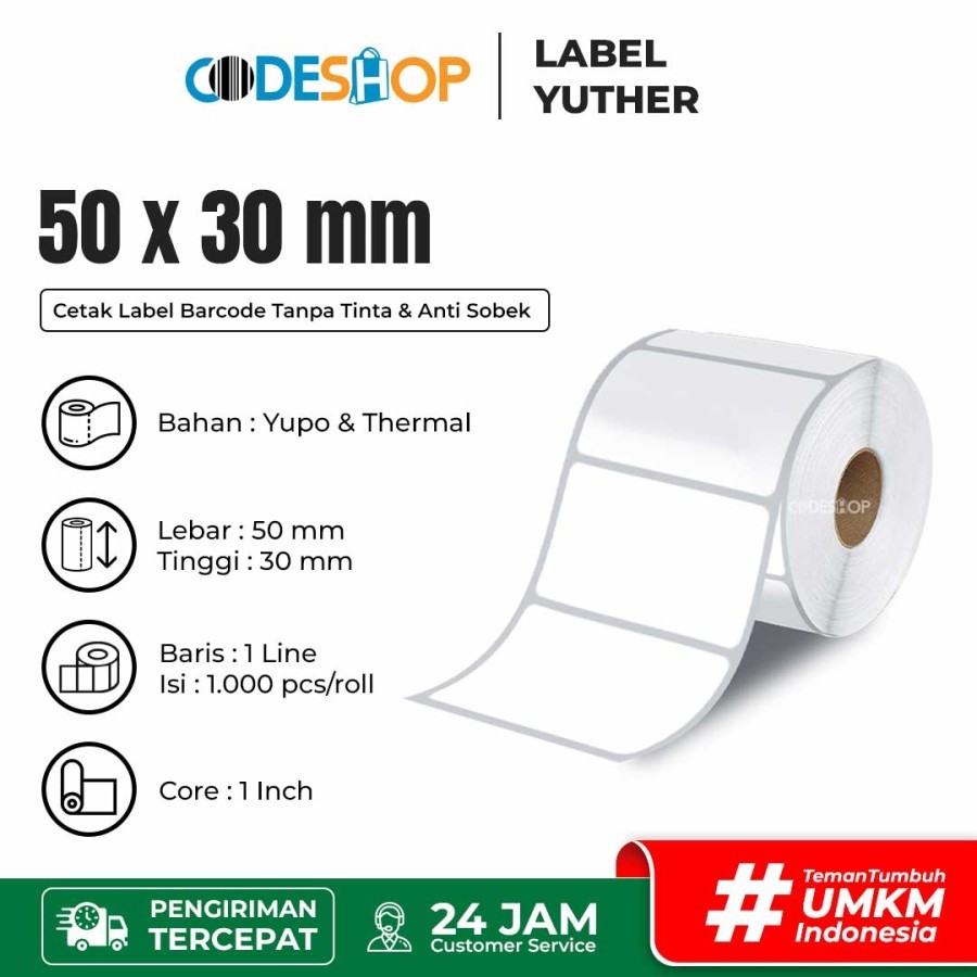 

Label Yupo Thermal 50 x 30 mm Kertas Stiker Barcode 50x30 Termal Sticker 50x30mm 1 Line Tahan Sobek
