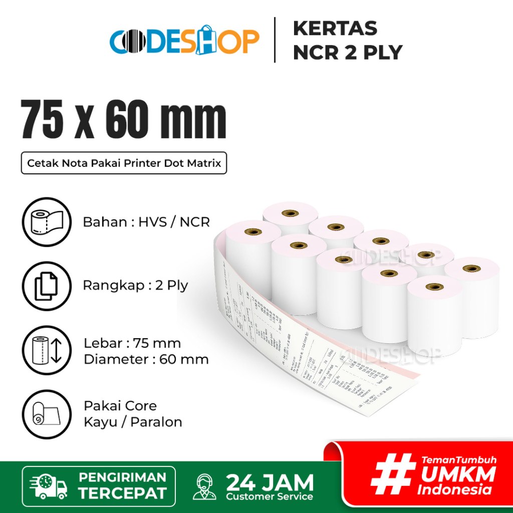 

Kertas NCR Struk Kasir 75x60mm PAPER ROLL 2 Ply Dot Matrix Printer