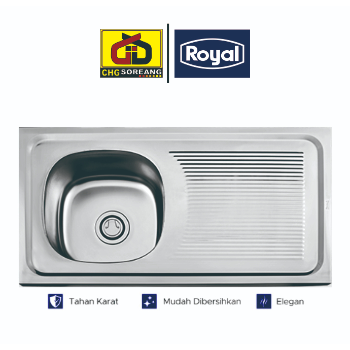 BAK CUCI PIRING ROYAL KITCHEN SINK 1 LUBANG 2 LUBANG STAINLESS + AFUR + SELANG