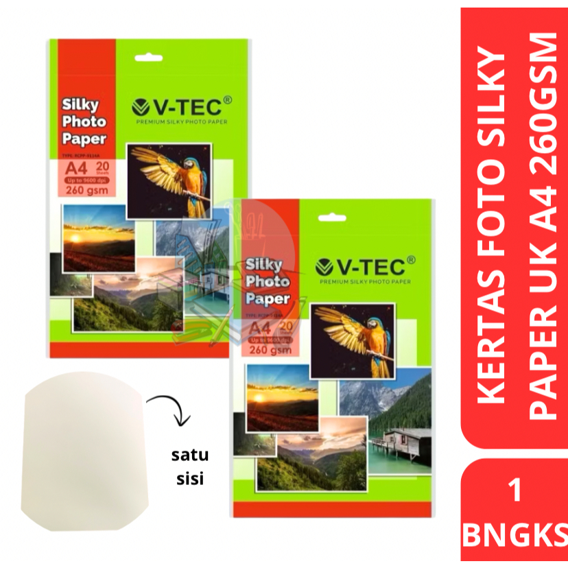 [1 BUNGKUS] Kertas Foto Doff Silky / Silky Photo Paper Ukuran A4 Up to 9600 DPI 260 Gsm Vtec Isi 20 