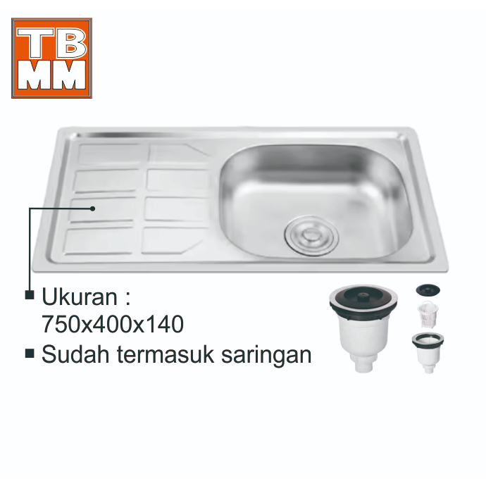 BAK CUCI PIRING 1 LUBANG STAINLESS 75 CM
