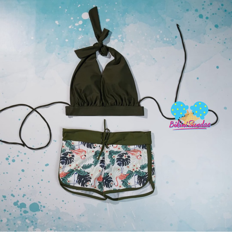 Swimsuit Set Bikini Baju Renang Wanita Bikini Boxer green army and flamingo