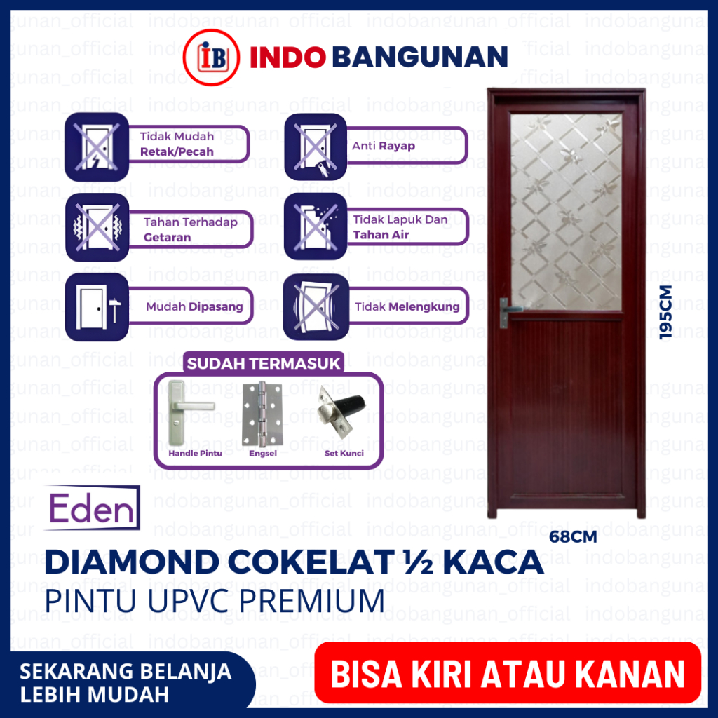 PINTU KAMAR MANDI WC 1/2 KACA ALUMUNIUM KUAT TAHAN CUACA 65X198 EDEN DIAMOND COKLAT