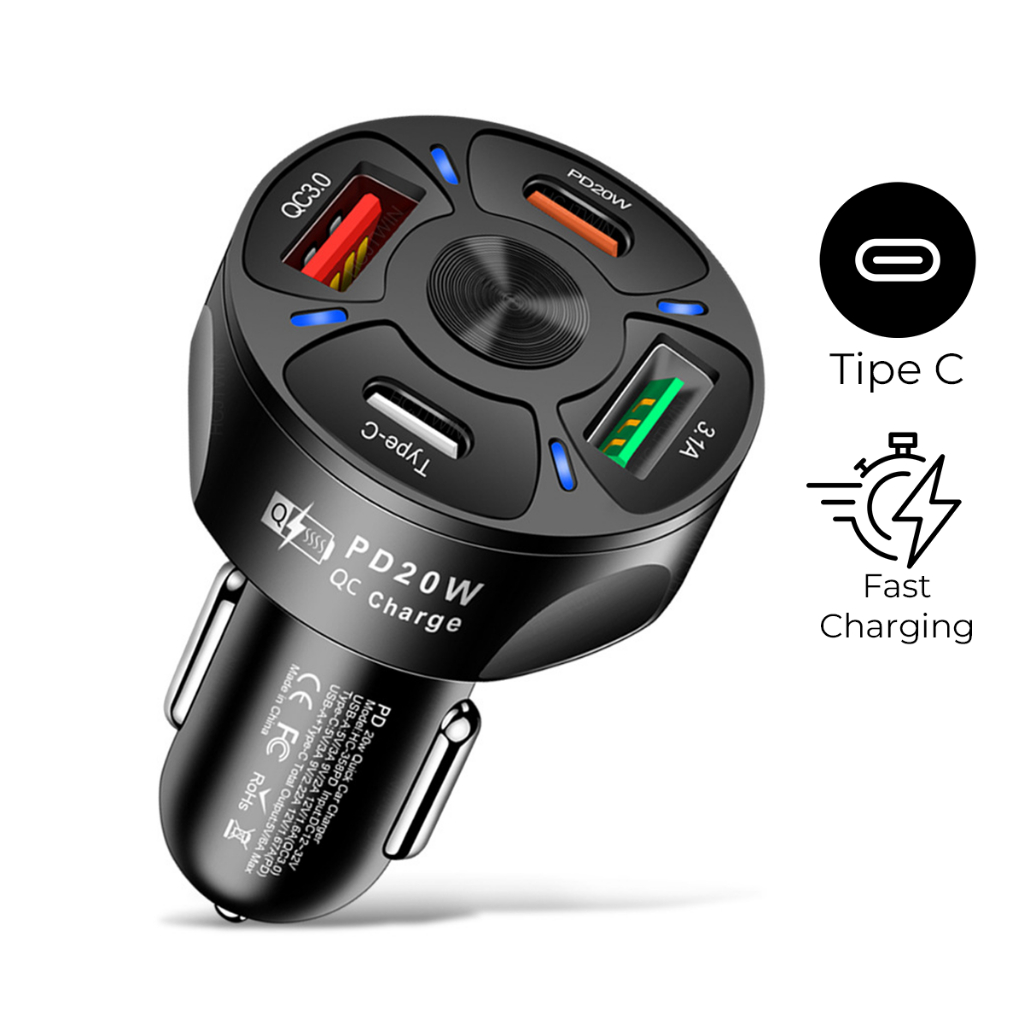 Car Charger 4 Port Multifungsi USB Type C Charger HP Portable Praktis 4 Slot Pengisian Cepat