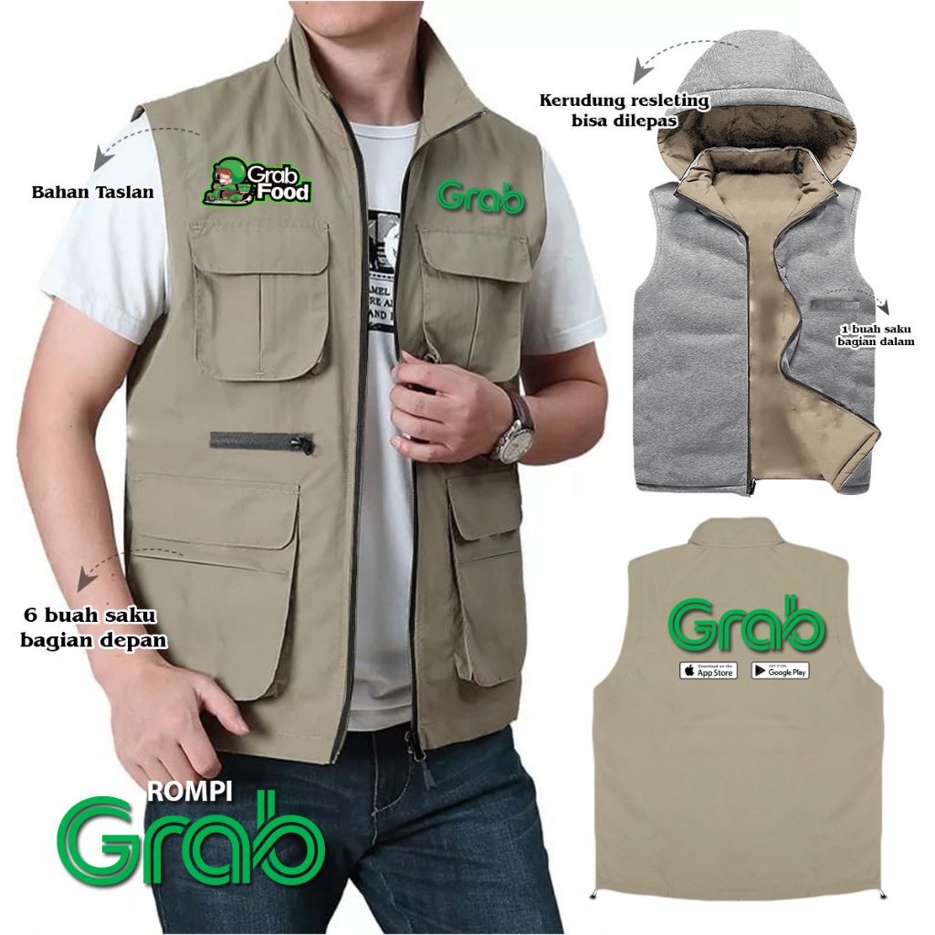 JAKET ROMPI KANTONG GRAB / JAKET GRAB KEREN / JAKET CUSTOM SABLON GRAB / ROMPI PRIA WANITA