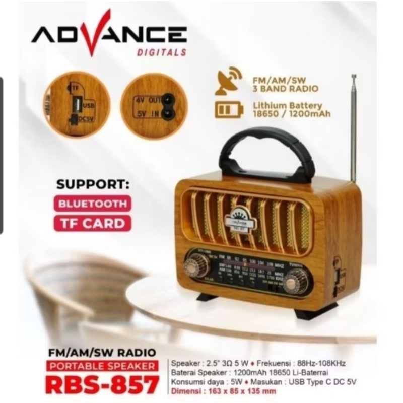 ADVANCE RADIO PORTABLE SPEAKER FM/AM/SW BLUETOOTH USB TF CARD RBS-857