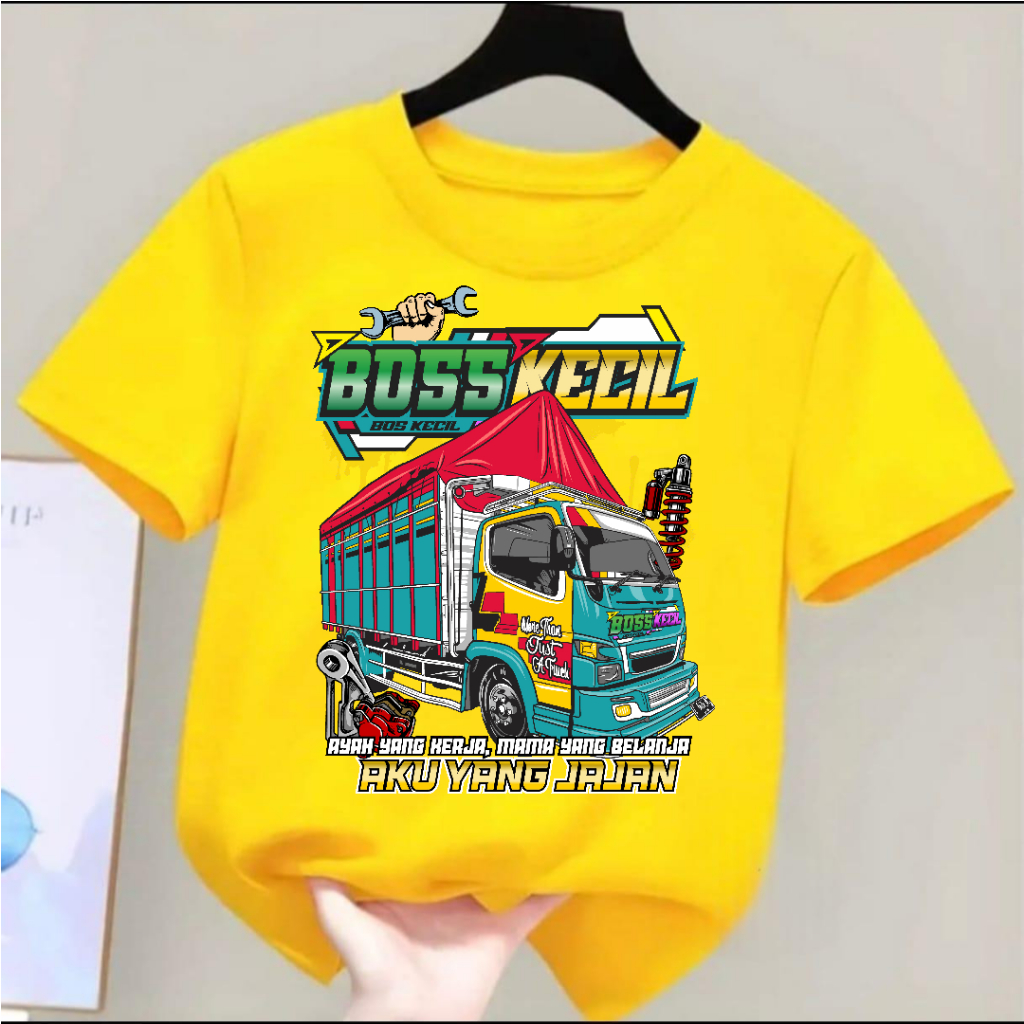 Baju Kaos Anak FLNBAK43 Lengan Pendek untuk Anak Perempuan/Laki-laki 2-12 thn Gambar Truck Boss Keci