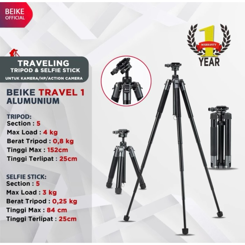 BEIKE TRAVEL 1 TRIPOD SELFIE STICK TRAVELING UNTUK SEMUA KAMERA / HP / ACTION CAM
