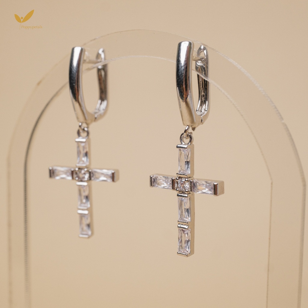 Poppypetals Maiden Cross Earrings - Anting Salib Kristal Panjang Pesta Wanita Korea