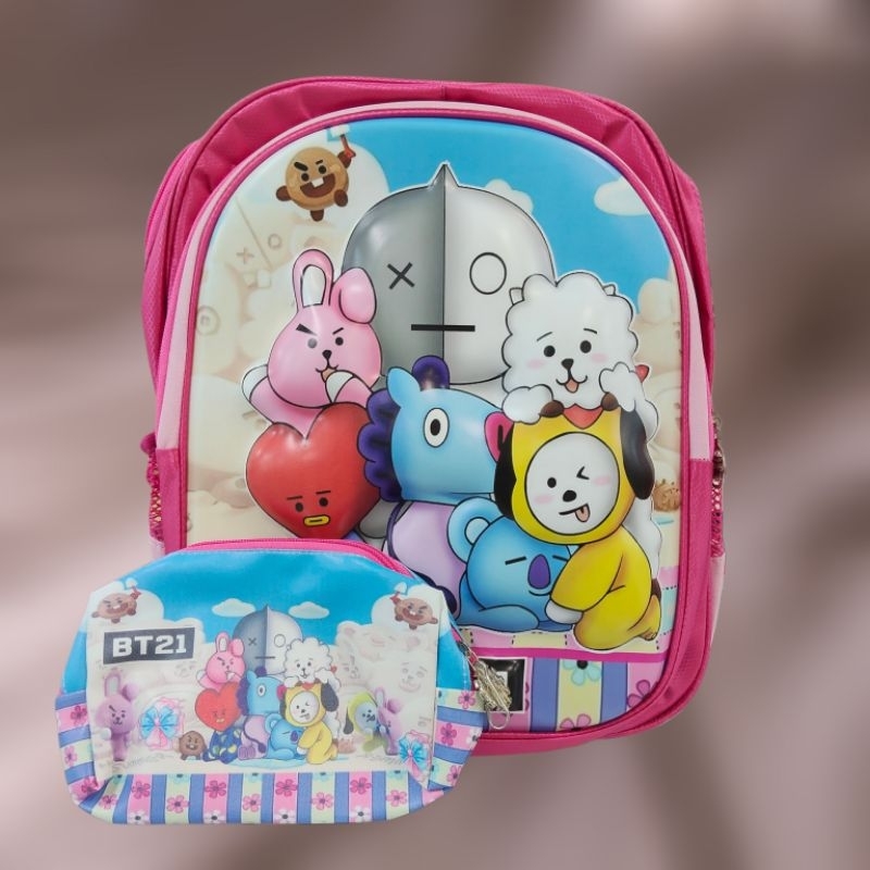 Tas Ransel Anak Karakter BT21 Gambar Bagian Depan Timbul Free Tempat Pensil