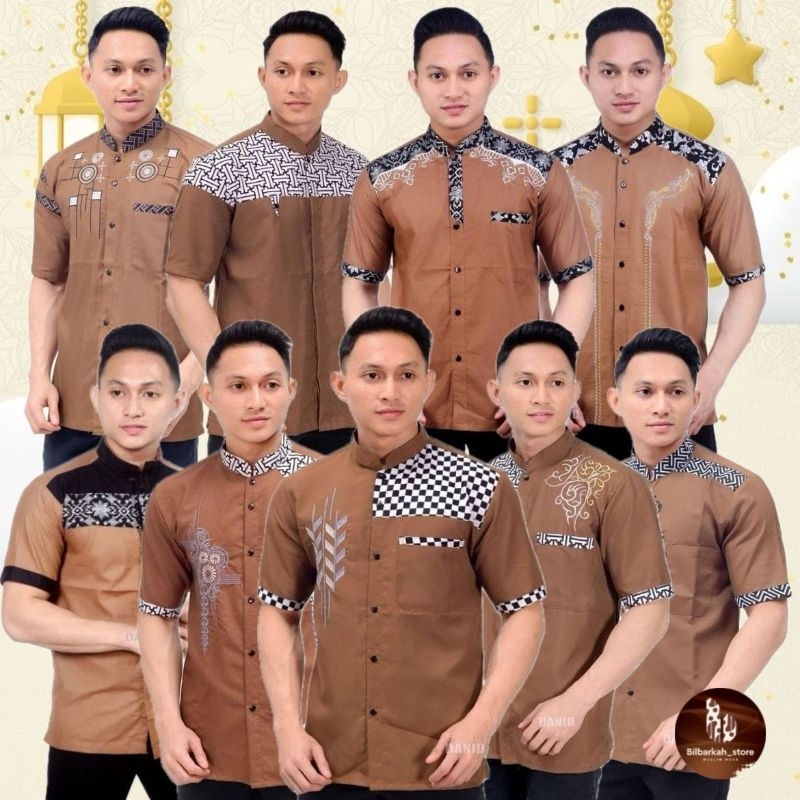 BAJU KOKO PUTIH PRIA MUSLIM COKLAT BORDIR DEWASA REMAJA HADROH GUZ AZMI LENGAN PENDEK MEWAH TERMURAH
