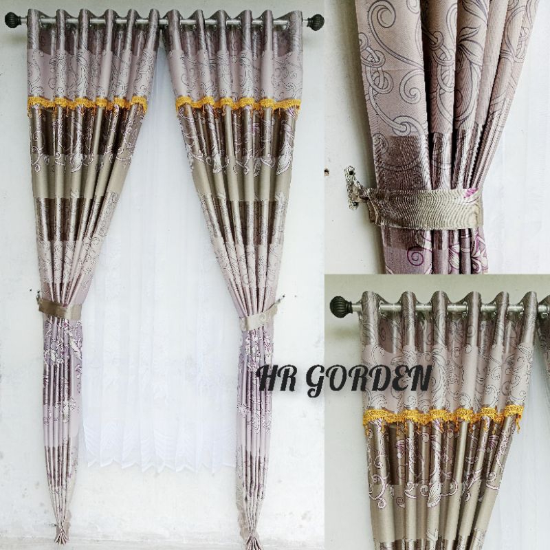 Gorden Blackout Poni Tempel Mewah Pintu Kamar Jendela Minimalis Motif Batik Abu Model Smokring