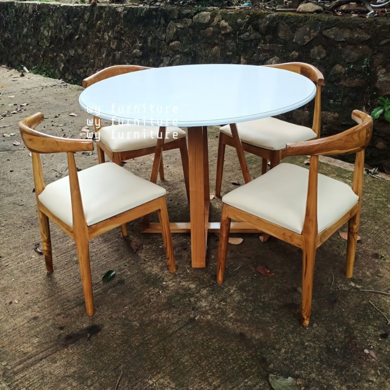 meja makan bulat minimalis kayu jati, set meja makan 4 kursi kayu jati, meja makan kayu jati