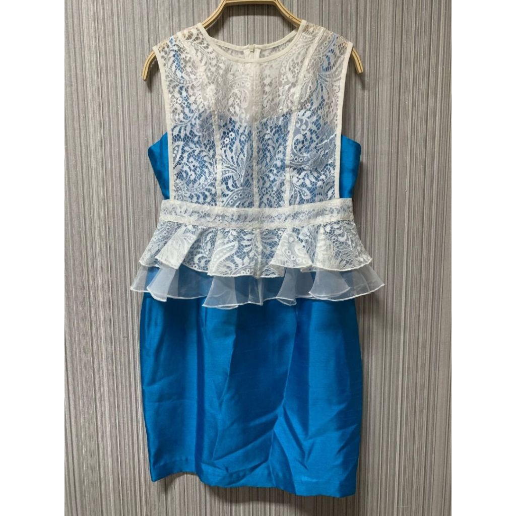 Preloved SET Dress Biru Blue + Outer Vest Brokat Putih White