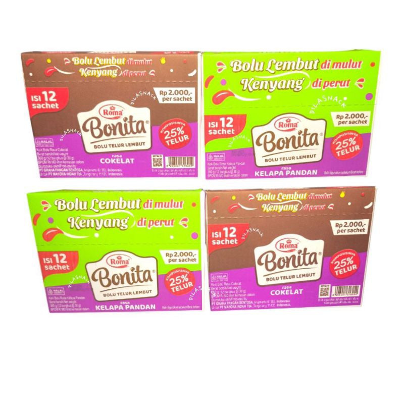 

Bonita bolu cokelat Roma bolu kelapa pandan 1box isi 12 bolu bonita coklat