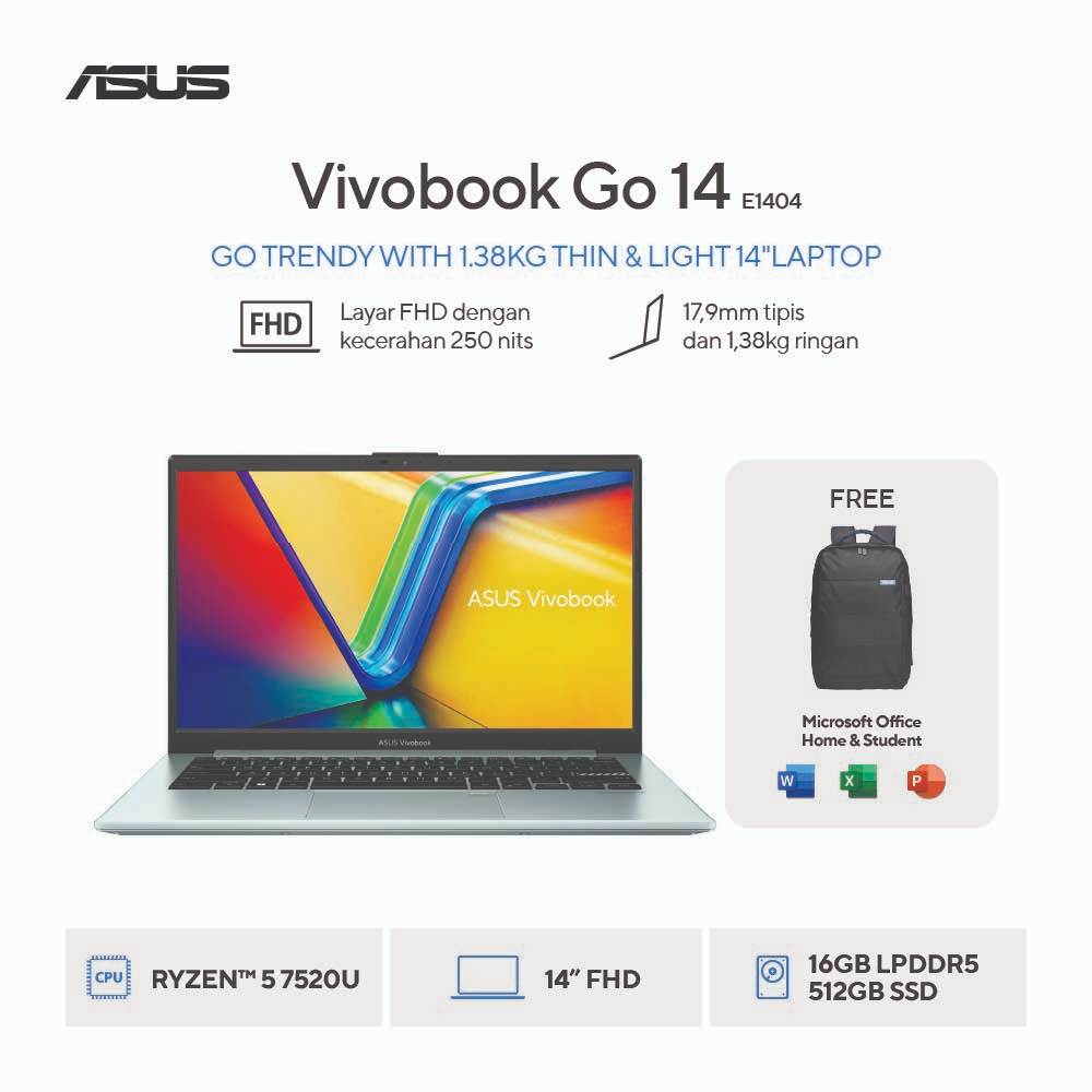 [FREE MOUSE] ASUS Vivobook Go 14 E1404FA-VIPS5152M – Green Gray [AMD Ryzen 5 7520U / AMD Radeon Grap