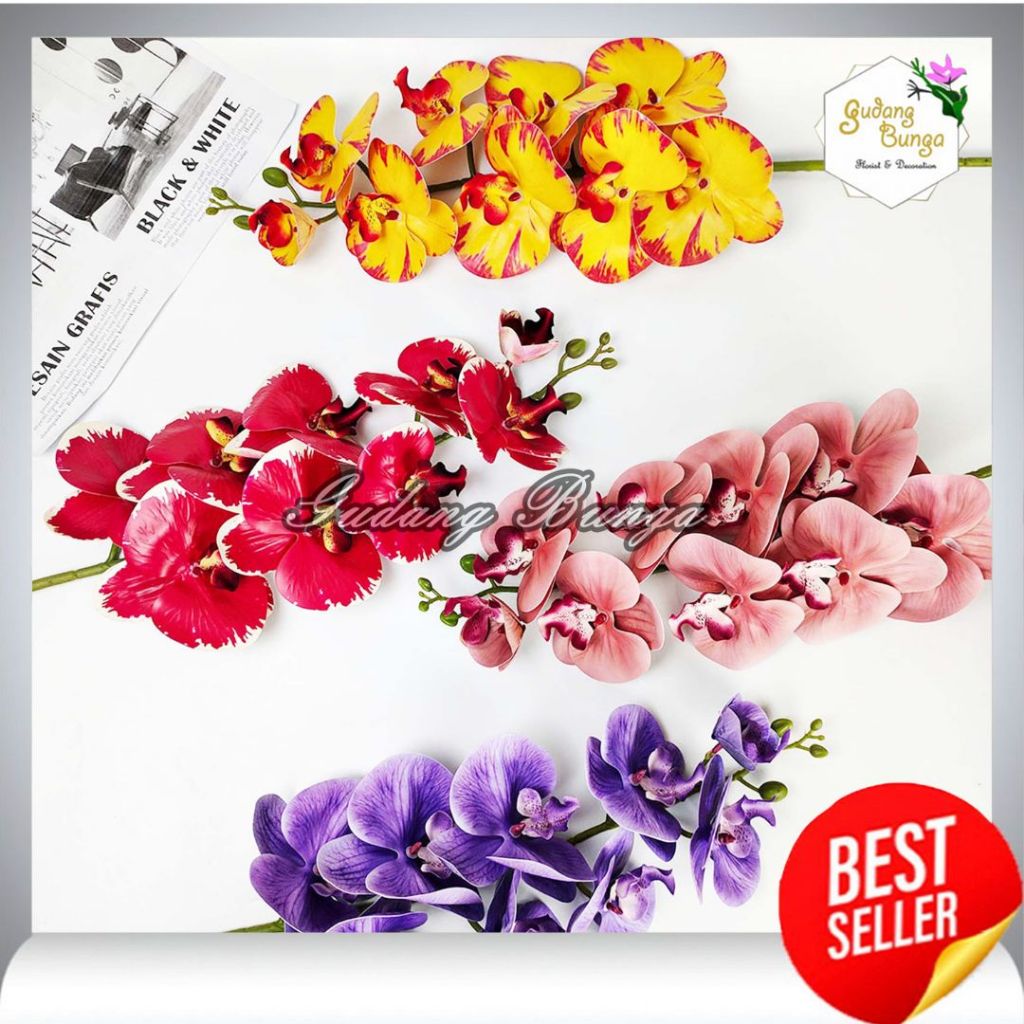 [1 PCS ] Bunga Anggrek Bulan Cabang 9  -  Bunga Plastik Orchid Import - Bunga Dekorasi - Bunga Artif