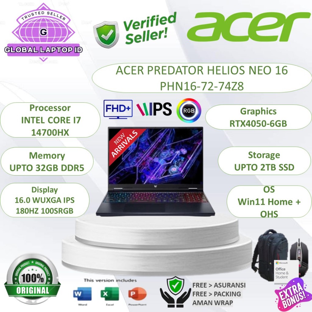 RESMI Laptop ACER PREDATOR HELIOS NEO 16 PHN16-72-74Z8 Intel Core i7 14700HX RTX4050-6GB RAM 32GB DD
