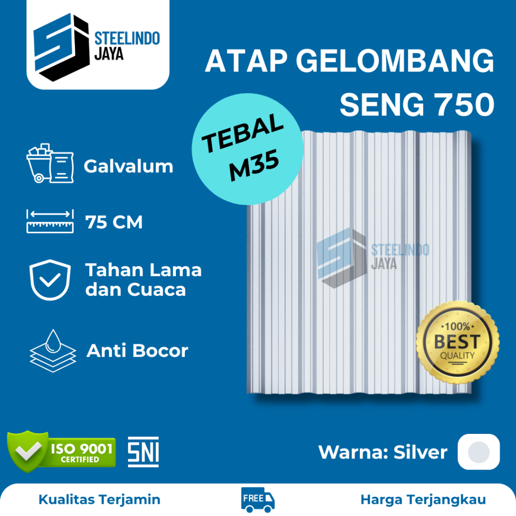 Atap Seng Gelombang Galvalum Silver Lebar 750mm Tebal 0,35mm (M035) Panjang 1 - 6 Meter