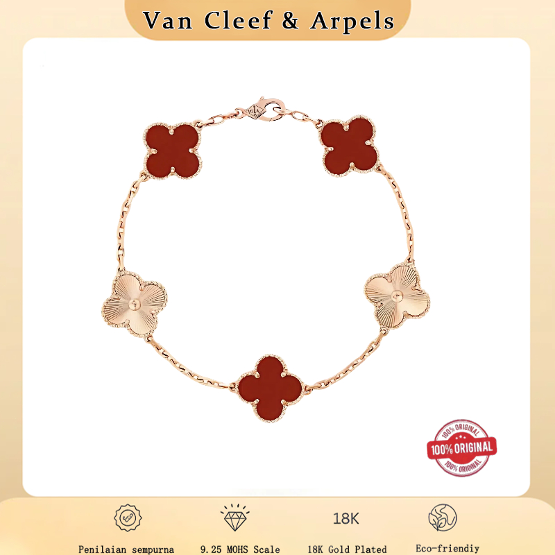 18k emas Van Cleef&Arpels Vintage Alhambra Five Clover Jade Marrow Bracelet for Women gelang