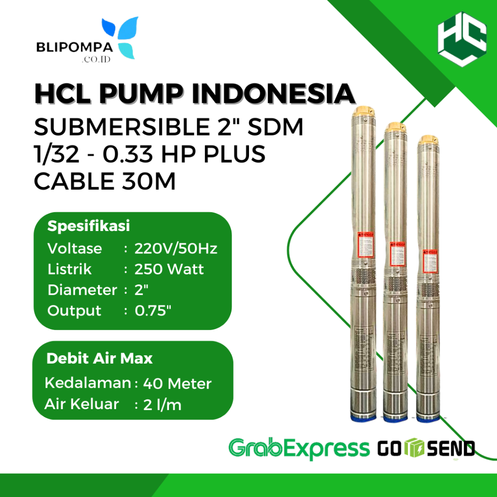 HCL PUMP SUBMERSIBLE 2” SDM 1/32 0.33 HP PLUS KABEL 30 METER - pompa satelit pompa celup