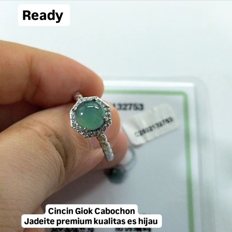 Cincin Giok Cabochon 100% Burma Jadeite/ Feicui Hijau Ice Green Natural Ori Bersertifikat 2753