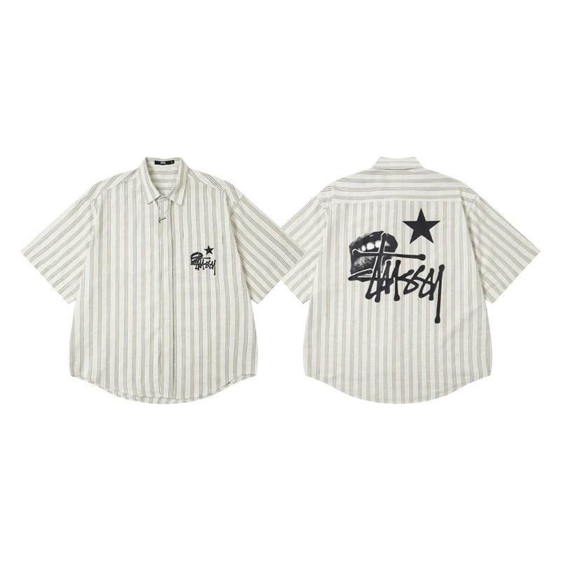 Kemeja Lengan Pendek STUSSY Summer Stripe Lips Baju Skena