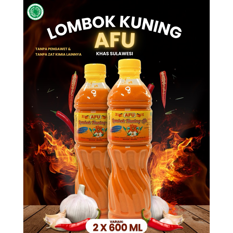 

PAKET BELI 2 BOTOL 600ml, Lombok Kuning AFU DEPKES MUI HALAL Khas Makassar Lombok Sulawesi OlehOleh Sambal Saos