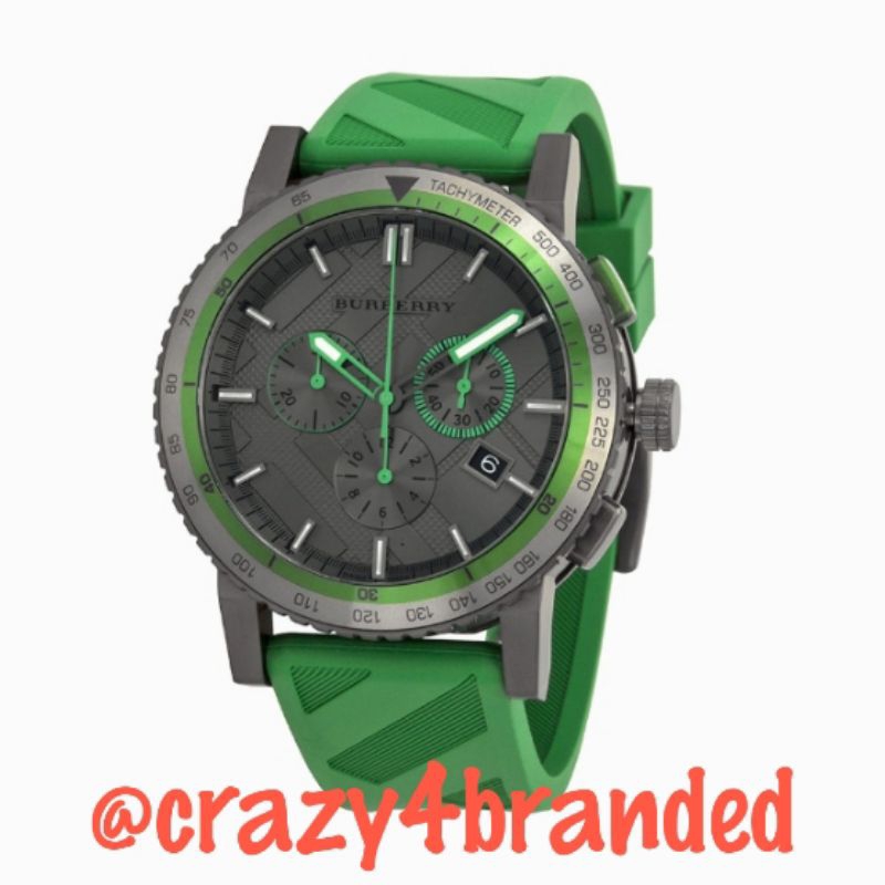 [PRELOVED90%] Burberry The City Sport Chronograph Black Check Stamped Dial Green Rubber Men's Watch 