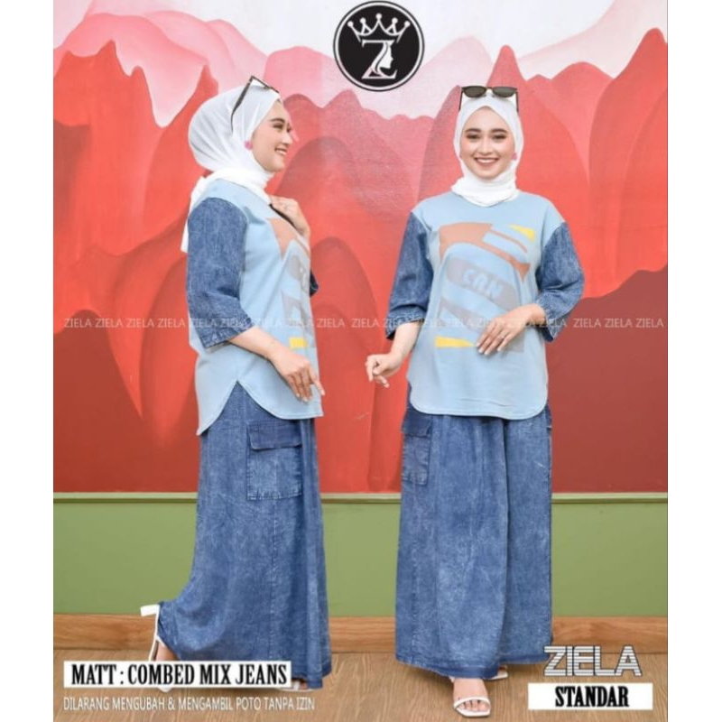 set rok combat kombinasi jeans