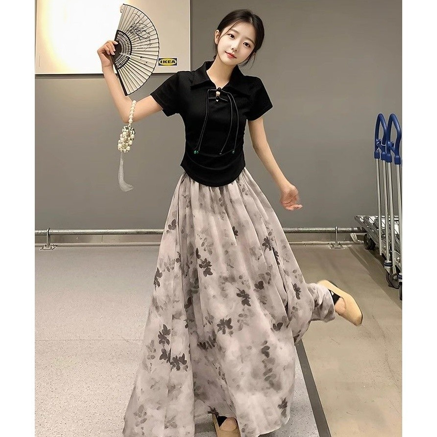 Outfit Cewek Kekinian Model China Look Dress Kombinasi Hitam Abu Motif Bunga - dress korea dress vin